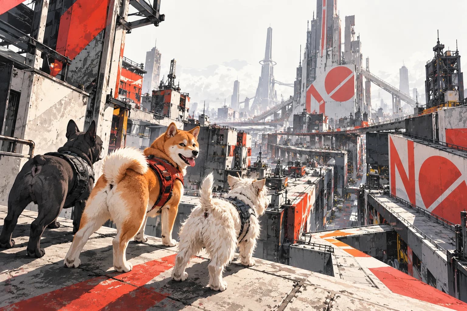 未来の街を見渡し、振り返る柴犬と仲間たちのコンセプトアート